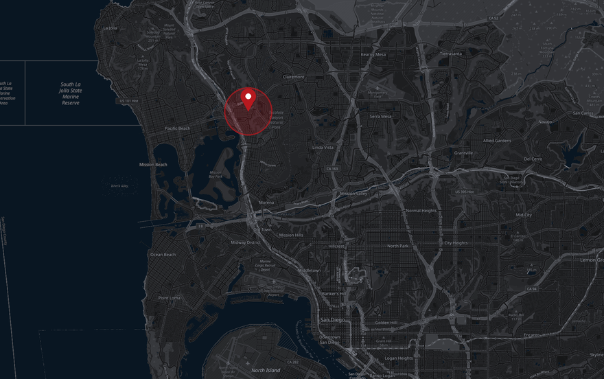 Map of San Diego with a marker north of Mission Bay